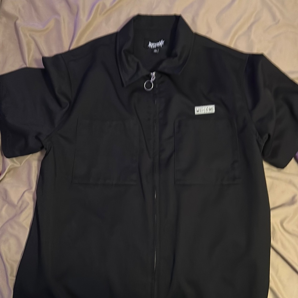 mens ‘welcome’ work shirt with baphomet on the back